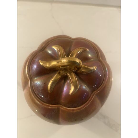 Vtg Fall Pumpkin Canister Orange Lusterware Iridescent Gold Lid Stem Cookie Jar - Picture 6 of 12